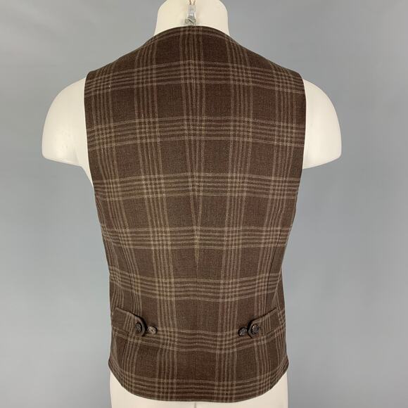 BRUNELLO CUCINELLI Size M Brown Plaid Linen Blend Buttoned Vest - Picture 3 of 7